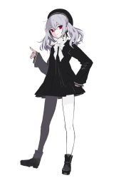 Rule 34 | 1girl, black dress, bow, closed mouth, dress, fingernails, grey hair, hair between eyes, hand on own hip, highres, long hair, original, pantyhose, red eyes, simple background, sleeves past wrists, smile, solo, standing, tokiti, twintails, white background, white bow, white neckwear, white pantyhose
