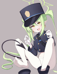 Rule 34 | absurdres, armband, black footwear, black hat, black jacket, black tail, blue archive, blue armband, blush, boots, buttons, cropped jacket, demon tail, double-breasted, earrings, flor, gloves, green hair, green halo, halo, hat, nozomi (blue archive), highres, jacket, jewelry, long hair, long sleeves, no pants, open mouth, pantyhose, peaked cap, pointy ears, simple background, sitting, smile, tail, toes, twintails, very long hair, white gloves, white pantyhose, yellow eyes