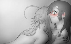 Rule 34 | 2girls, ahoge, blush, crying, crying with eyes open, ear blush, earrings, greyscale, hand on another&#039;s shoulder, highres, jewelry, licking, licking another&#039;s neck, long hair, monochrome, multiple girls, nose blush, nude, open mouth, original, reef (sanomsai products), tears, wavy mouth, yuri