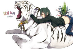 Rule 34 | 10s, 1girl, 2010, bad id, bad pixiv id, butt crack, denim, closed eyes, green hair, jeans, midriff, new year, open mouth, original, pants, sasamori tomoe, short hair, solo, sweater, tiger