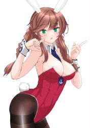 Rule 34 | 1girl, animal ears, between breasts, blue necktie, bow, bowtie, braid, breasts, brown hair, brown pantyhose, cleavage, commentary request, cowboy shot, detached collar, fake animal ears, green eyes, highres, kantai collection, large breasts, leotard, long hair, necktie, nitamako (sakamalh), noshiro (kancolle), open mouth, pantyhose, playboy bunny, rabbit ears, revision, simple background, solo, strapless, strapless leotard, swept bangs, tail, twin braids, white background, wing collar, wrist cuffs