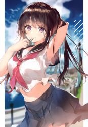 Rule 34 | 1girl, absurdres, blue sky, blurry, blurry background, breast pocket, brown hair, cloud, cloudy sky, day, highres, holding, long hair, looking at viewer, mouth hold, navel, necomi, original, outdoors, outside border, parted lips, pleated skirt, pocket, purple eyes, sailor collar, scan, school uniform, serafuku, short sleeves, simple background, skirt, sky, smile, solo, stomach