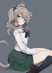 Rule 34 | 10s, 1girl, alternate costume, alternate hairstyle, animal ears, bell, black neckerchief, black ribbon, black socks, blouse, brown eyes, brown footwear, cat ears, cat tail, closed mouth, collar, from behind, girls und panzer, green skirt, hair ribbon, hands on lap, highres, kemonomimi mode, light brown hair, light frown, loafers, long hair, long sleeves, looking at viewer, looking back, miniskirt, neck bell, neckerchief, ooarai school uniform, pleated skirt, ribbon, school uniform, serafuku, sh (shinh), shimada arisu, shirt, shoes, sitting, skirt, socks, solo, tail, twintails, wariza, white shirt