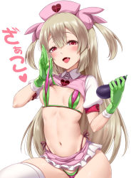 Rule 34 | 1girl, adapted costume, apron, bandaged arm, bandages, bikini, bikini pull, blush, breasts, brown hair, clothes pull, collared shirt, cosplay, darkmaya, fang, fate/grand order, fate (series), florence nightingale (fate), florence nightingale (fate) (cosplay), florence nightingale (trick or treatment) (fate), florence nightingale (trick or treatment) (fate) (cosplay), gloves, green bikini, green gloves, groin, hair between eyes, hair ornament, half-closed eyes, hand up, hat, head tilt, heart, highleg, highleg bikini, layered bikini, lipstick, long hair, looking at viewer, makeup, microskirt, natori sana, navel, nurse cap, official alternate costume, open mouth, pink apron, pink bikini, pink hat, pink lips, pleated skirt, puffy short sleeves, puffy sleeves, red eyes, revealing clothes, rubber gloves, sana channel, shirt, short sleeves, shrug (clothing), side-tie bikini bottom, simple background, skindentation, skirt, small breasts, solo, stomach, swimsuit, thighhighs, translation request, two side up, virtual youtuber, white background, white skirt, white thighhighs