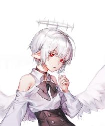 Rule 34 | 1girl, angel, bare shoulders, black bow, black choker, black neckwear, bow, buttons, choker, clothing cutout, commentary, copyright request, corset, feathered wings, grey hair, hair between eyes, halo, hand up, highres, jewelry, long sleeves, looking at viewer, open mouth, pointy ears, red eyes, ring, shirt, short hair, shoulder cutout, simple background, solo, tanu0706, upper body, white background, white shirt, white theme, white wings, wings