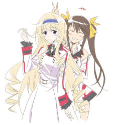 Rule 34 | 10s, 2girls, agahari, bad id, bad pixiv id, blonde hair, blue eyes, brown hair, cecilia alcott, closed eyes, drill hair, grin, hair ribbon, hairband, huang lingyin, infinite stratos, long hair, multiple girls, ribbon, simple background, sketch, smile, twintails, v