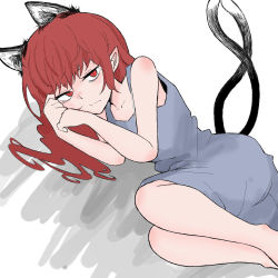 Rule 34 | 1girl, alternate costume, alternate hairstyle, animal ears, bags under eyes, bare shoulders, blue dress, cat ears, cat tail, collarbone, dress, extra ears, fe (tetsu), feet out of frame, grey background, jitome, kaenbyou rin, long hair, looking at viewer, lying, multiple tails, nekomata, on side, pointy ears, red eyes, red hair, simple background, sleeveless, sleeveless dress, slit pupils, solo, tail, touhou, two tails