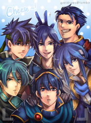 Rule 34 | 6+boys, :d, :o, aqua eyes, aqua hair, armor, artist name, black gloves, blue background, blue eyes, blue hair, blue scarf, blue theme, cape, chrom (fire emblem), closed mouth, collarbone, color connection, commentary, english text, ephraim (fire emblem), expressionless, fire emblem, fire emblem: genealogy of the holy war, fire emblem: mystery of the emblem, fire emblem: new mystery of the emblem, fire emblem: path of radiance, fire emblem: radiant dawn, fire emblem: shadow dragon, fire emblem: shadow dragon and the blade of light, fire emblem: the blazing blade, fire emblem: the sacred stones, fire emblem awakening, gem, gloves, gzei, hair between eyes, hands on another&#039;s shoulders, headband, hector (fire emblem), highres, ike (fire emblem), lips, looking at viewer, male focus, marth (fire emblem), multiple boys, nintendo, open mouth, pauldrons, red gemstone, round teeth, scarf, seliph (fire emblem), short hair, shoulder armor, simple background, smile, spiked hair, sweatdrop, teeth, tiara, twitter username, upper body, v, watermark, wing collar