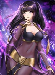 Rule 34 | 1girl, abstract background, artist name, black cape, blunt bangs, blush, bodystocking, bracelet, breasts, bridal gauntlets, cape, circlet, cleavage, cleavage cutout, clothing cutout, covered navel, cowboy shot, crystal, fire emblem, fire emblem awakening, gigamessy, highres, jewelry, loincloth, long hair, looking at viewer, medium breasts, nintendo, parted lips, pink lips, purple eyes, purple hair, skin tight, solo, sparkle, tharja (fire emblem), twintails, watermark, web address