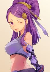 Rule 34 | 1girl, beads, earrings, fire emblem, fire emblem fates, from side, hair ornament, jewelry, jurge, long hair, looking to the side, nintendo, one eye closed, orochi (fire emblem), parted lips, purple eyes, purple hair, simple background, solo, upper body