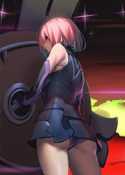 Rule 34 | 1girl, ass, bare shoulders, cloud, elbow gloves, fate/grand order, fate (series), from behind, gloves, guratan, looking to the side, mash kyrielight, pink eyes, pink hair, shield, short hair, solo, star (sky), thighs