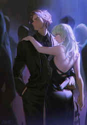 Rule 34 | 1boy, 1girl, absurdres, alternate costume, alzi xiaomi, arm around waist, ass, back, backless dress, backless outfit, black dress, black neckwear, black pants, black shirt, black suit, black vest, breasts, brown hair, byleth (female) (fire emblem), byleth (fire emblem), chinese commentary, chromatic aberration, claude von riegan, contemporary, cowboy shot, dress, dress shirt, fire emblem, fire emblem: three houses, formal, from side, green eyes, green hair, grin, gun, hand in pocket, handgun, highres, holding, holding gun, holding weapon, holster, knife, long hair, manly, medium breasts, necktie, nintendo, pants, profile, shirt, short hair, sideboob, sideburns, signature, sleeveless, sleeveless dress, smile, suit, thigh holster, thigh strap, vest, weapon, wing collar