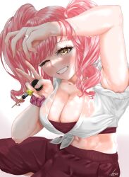 Rule 34 | 1girl, armpits, blush, breasts, brown eyes, cleavage, collarbone, dated, eyebrows hidden by hair, highres, holding, jewelry, large breasts, looking at viewer, macross, macross delta, makina nakajima, midriff, navel, one eye closed, red shorts, red tube top, ring, shirt, shorts, signature, sitting, smile, solo, strapless, suk0922a, sweat, tied shirt, tube top, twintails, v, wet, wet clothes, wet shirt, white shirt