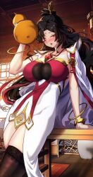 Rule 34 | 1girl, accessories, black hair, bracelet, breasts, drunk, hair ornament, hairpin, highres, jewelry, large breasts, long hair, manhua, please kill the demon
