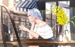 Rule 34 | 1girl, absurdres, alternate costume, alternate hairstyle, artist name, bare shoulders, blurry, blurry background, blurry foreground, braid, cafe, chair, closed mouth, coffee cup, commentary request, contemporary, cup, day, depth of field, disposable cup, dress, earrings, elbow rest, fate/grand order, fate (series), flower, from side, hair between eyes, highres, holding, holding cup, jewelry, leaning forward, long hair, off-shoulder dress, off shoulder, plant, red eyes, restaurant, shirt, signature, silver hair, sitting, smile, solo, sun flare, table, tomoe gozen (fate), upper body, vase, vegetablenabe, white shirt, window