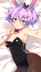 Rule 34 | 1girl, animal ears, azur lane, bed sheet, black bow, black leotard, blush, bow, bowtie, breasts, brown pantyhose, covered navel, fake animal ears, fishnet pantyhose, fishnets, foreshortening, hair bow, hair ornament, hairband, hand up, javelin (azur lane), leotard, looking at viewer, lying, on back, pantyhose, parted lips, playboy bunny, purple hair, rabbit ears, rabbit tail, reaching, reaching towards viewer, red bow, red bowtie, selfie, small breasts, solo, supershiruco, tail, two side up, w, wrist cuffs, x hair ornament