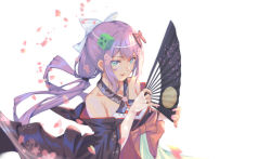 Rule 34 | 1girl, absurdres, bare shoulders, black kimono, bow, creeper, criss-cross halter, fingerless gloves, fingernails, folding fan, gloves, green eyes, hair bow, halterneck, hand fan, headband, highres, holding, holding fan, japanese clothes, kamkac, kimono, long hair, looking at viewer, low twintails, minecraft, nail polish, nijisanji, off shoulder, parted lips, petals, pink nails, purple hair, red bow, sakura ritsuki, sheer gloves, simple background, smile, solo, twintails, upper body, virtual youtuber, white background, white bow, white gloves