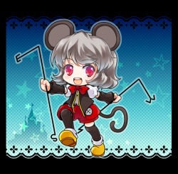 Rule 34 | 1girl, alternate costume, animal ears, black thighhighs, bow, castle, detached sleeves, disneyland, dowsing rod, female focus, grey hair, iris anemone, mouse ears, mouse tail, nazrin, open mouth, puffy sleeves, red eyes, short hair, solo, star (symbol), tail, thighhighs, touhou, vest