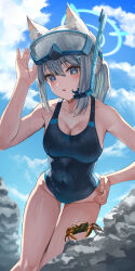 Rule 34 | 1girl, :o, absurdres, animal ears, aqua eyes, bare legs, blue archive, blue sky, blush, breasts, cleavage, cloud, collarbone, competition swimsuit, crab, feet out of frame, goggles, goggles on head, groin, halo, highres, lnji (rnlwls34), looking at viewer, medium breasts, mismatched pupils, official alternate costume, one-piece swimsuit, outdoors, ponytail, shiroko (blue archive), shiroko (swimsuit) (blue archive), sidelocks, sky, solo, swimsuit, two-tone one-piece swimsuit, water drop, wolf ears
