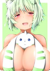 Rule 34 | 1girl, alternate hair color, blush, breasts, convenient censoring, crossover, digimon, digimon (creature), eyebrows, fang, green background, green hair, highres, huge breasts, inubashiri momiji, looking at viewer, open mouth, pink eyes, shishi juuroku, short hair, simple background, smile, terriermon, thick eyebrows, touhou