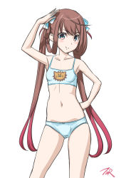 Rule 34 | 1girl, armpits, artist name, asagumo (kancolle), blue bra, blue panties, bra, breasts, brown hair, collarbone, commentary request, contrapposto, cowboy shot, grey eyes, hair ribbon, hand on own hip, highres, kantai collection, long hair, looking at viewer, navel, panties, ribbon, salute, simple background, small breasts, smile, solo, standing, t2r, training bra, twintails, underwear, underwear only, white background