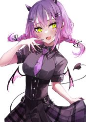 Rule 34 | 1girl, absurdres, black nails, black shirt, braid, breasts, collared shirt, commentary request, demon girl, demon horns, demon tail, demon wings, ear piercing, fang, green eyes, highres, hololive, horns, iwahada, large breasts, looking at viewer, multicolored hair, nail polish, necktie, open mouth, piercing, pink hair, pleated skirt, purple hair, purple necktie, shirt, skirt, solo, tail, tail ornament, tail piercing, tokoyami towa, twin braids, virtual youtuber, wings
