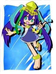Rule 34 | 1girl, anklet, armlet, atmlet, bad id, bad pixiv id, barefoot, blue hair, bracelet, cell-do (quzz), green eyes, jewelry, lakshmi (p&amp;d), leg up, long hair, lots of jewelry, lowres, madou monogatari, open mouth, parody, pointing, puyopuyo, puyopuyo fever, puzzle &amp; dragons, solo, style parody, torofuwa kuzu, twintails