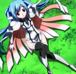 Rule 34 | 1girl, arm support, blue eyes, blue hair, boots, breasts, chain, collar, female focus, from above, garter straps, gloves, grass, knees together feet apart, long hair, long twintails, looking at viewer, matching hair/eyes, nymph (sora no otoshimono), on grass, open mouth, outdoors, robot ears, short hair, sitting, small breasts, solo, sora no otoshimono, thighhighs, twintails, two side up, very long hair, wings