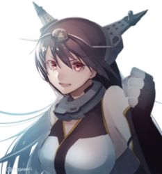 Rule 34 | 10s, 1girl, blurry, breasts, brown hair, depth of field, elbow gloves, fingerless gloves, gloves, headgear, kantai collection, long hair, nagato (kancolle), red eyes, sleeveless, smile, solo, tomari (veryberry00), twitter username
