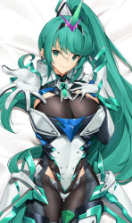 Rule 34 | 1girl, armor, black gloves, bodysuit, breasts, chest jewel, earrings, elbow gloves, gem, gloves, green eyes, green hair, hair ornament, hand on own chest, headpiece, highres, jewelry, large breasts, long hair, looking at viewer, lying, nintendo, on back, pneuma (xenoblade), ponytail, reaching, reaching towards viewer, smile, tiara, tony guisado, two-tone gloves, very long hair, white gloves, xenoblade chronicles (series), xenoblade chronicles 2