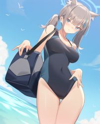 Rule 34 | 1girl, animal ear fluff, animal ears, bag, bare arms, bare shoulders, blue archive, blue eyes, blue one-piece swimsuit, blue sky, blush, breasts, covered navel, cowboy shot, day, earrings, extra ears, grey hair, hair ornament, hair tie, jewelry, kildir, looking at viewer, medium breasts, medium hair, ocean, one-piece swimsuit, shiroko (blue archive), shiroko (swimsuit) (blue archive), shoulder bag, sky, solo, standing, swimsuit, thigh gap, twintails, x hair ornament
