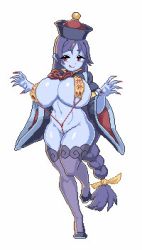 Rule 34 | 1girl, animated, animated gif, bai linqin, blue skin, bouncing breasts, breasts, cleavage, colored skin, fate/grand order, fate (series), fingernails, full body, hat, huge breasts, jiangshi, licking lips, long fingernails, long hair, lowres, minamoto no raikou (fate), multiple views, nail polish, naughty face, parted bangs, pixel art, purple hair, red eyes, red nails, revealing clothes, slingshot swimsuit, smile, swimsuit, thighhighs, tongue, tongue out, transparent background, undead, very long hair, wide sleeves