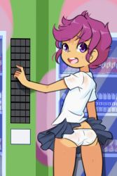 Rule 34 | 1girl, ass, black skirt, colored skin, drantyno, flat chest, from behind, hasbro, highres, looking back, my little pony, my little pony: equestria girls, my little pony: friendship is magic, open mouth, orange skin, panties, purple eyes, purple hair, raised eyebrow, school uniform, scootaloo, shirt, short hair, short sleeves, skirt, smile, standing, sweat, teeth, underwear, vending machine, wet, wet clothes, wet panties, wet shirt, white panties, white shirt, wind, wind lift