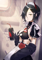 Rule 34 | 1girl, absurdres, against wall, akutaa, apron, azur lane, black bra, black hair, black skirt, bra, breast strap, breasts, can, cat hair ornament, drinking straw, from side, hair ornament, hair over one eye, highres, holding, holding can, horns, looking at viewer, maid headdress, mechanical horns, medium breasts, multicolored hair, official alternate costume, puffy short sleeves, puffy sleeves, red horns, short hair, short sleeves, skirt, solo, standing, two-tone hair, ulrich von hutten (azur lane), ulrich von hutten (mayhem maid) (azur lane), underwear, upper body, white apron, white hair, yellow eyes