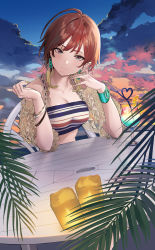 Rule 34 | 1girl, absurdres, aketa mikoto, bare shoulders, bikini, bikini under clothes, blonde hair, blue eyes, bracelet, breasts, brown hair, candle, cleavage, closed mouth, clothing cutout, cloud, collarbone, cup, drink, drinking glass, evening, fingernails, gradient sky, highres, idolmaster, idolmaster shiny colors, jewelry, long fingernails, long hair, long sleeves, looking at viewer, multicolored hair, nail polish, photoshop (medium), shoulder cutout, sky, smile, solo, striped bikini, striped clothes, sunset, swimsuit, table, two-tone hair, uouokuma, upper body, yellow nails