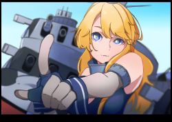 Rule 34 | 1girl, absurdres, blonde hair, blue background, blue eyes, cannon, commentary, english commentary, fingerless gloves, gloves, gradient background, hato kan, headgear, highres, iowa (kancolle), kantai collection, looking at viewer, machinery, solo, star-shaped pupils, star (symbol), symbol-shaped pupils, turret, upper body