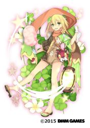 Rule 34 | 1girl, blonde hair, clover hair ornament, cotton candy, dreamlight2000, flower knight girl, food, food in mouth, full body, gloves, green eyes, hair ornament, highres, katabami (flower knight girl), lantern, mouth hold, name connection, object namesake, official art, sandals, scarf, short hair, shorts, smile, solo, standing, star (symbol), white gloves