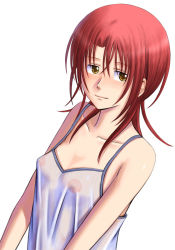 Rule 34 | 1girl, bonnie (rsg), breasts, cleavage, closed mouth, collarbone, hair between eyes, hino kahoko, la corda d&#039;oro, long hair, looking at viewer, nipples, red hair, see-through, shirt, simple background, sleeveless, sleeveless shirt, small breasts, smile, solo, spaghetti strap, upper body, white background, white shirt, yellow eyes
