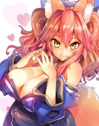 Rule 34 | 1girl, animal ear fluff, animal ears, bare shoulders, blue ribbon, breasts, cleavage, closed mouth, commentary, commentary request, detached sleeves, fate/extella, fate/extra, fate/grand order, fate (series), fox ears, fox girl, fox tail, hair ribbon, heart, highres, japanese clothes, large breasts, long hair, looking at viewer, pink hair, ribbon, simple background, solo, tail, tamamo (fate), tamamo no mae (fate/extra), twintails, white background, wisespeak, yellow eyes