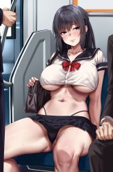 Rule 34 | 1girl, 2boys, absurdres, bag, bar censor, black hair, black panties, black sailor collar, black skirt, braid, breasts, censored, closed mouth, commentary request, cropped shirt, female pubic hair, french braid, highres, jack dempa, large breasts, looking to the side, microskirt, multiple boys, navel, neckerchief, nervous sweating, original, panties, pubic hair, public indecency, pussy, pussy juice, red neckerchief, sailor collar, school bag, school uniform, serafuku, short sleeves, sitting, skirt, smile, sweat, train interior, underboob, underwear, watanabe ayasa (jack dempa)