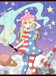 Rule 34 | 1girl, absurdres, american flag dress, american flag legwear, blonde hair, blush stickers, clownpiece, dress, fire, haruka (haruka channel), hat, highres, holding, jester cap, knees together feet apart, moon, neck ruff, one eye closed, pantyhose, pink eyes, planet, polka dot, ringed eyes, short dress, short sleeves, sky, solo, spacecraft, star (sky), star (symbol), star print, starry sky, striped, tongue, tongue out, torch, touhou, twitter username, v