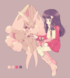 Rule 34 | 1girl, alternate color, animal ears, animal hands, animal nose, black eyes, black hair, blush, boots, brown background, buneary, closed eyes, closed mouth, coat, creatures (company), cup, dawn (pokemon), eating, evolutionary line, feeding, female focus, food, full body, furry, furry female, game freak, gen 4 pokemon, hair ornament, hairclip, hands up, happy, holding, invisible chair, knee boots, knees together feet apart, komasawa (fmn-ppp), light blush, long hair, long sleeves, looking at another, lopunny, matching hair/eyes, nintendo, open mouth, pink footwear, poke ball symbol, poke ball theme, pokemon, pokemon (creature), pokemon dppt, pokemon platinum, rabbit ears, red coat, scarf, shiny pokemon, simple background, sitting, smile, thighhighs, white scarf, white thighhighs