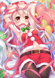Rule 34 | 1girl, absurdres, armpits, bed sheet, bell, belt, belt buckle, black belt, black pantyhose, blush, bow, bowtie, box, breasts, buckle, capelet, commentary request, fate/kaleid liner prisma illya, fate (series), fur-trimmed capelet, fur-trimmed headwear, fur-trimmed skirt, fur trim, gift, gift box, green bow, green bowtie, hair between eyes, hat, heart, heart-shaped pillow, highres, illyasviel von einzbern, light brown hair, looking at viewer, lying, mouth hold, navel, on back, pantyhose, pillow, pink ribbon, red capelet, red eyes, red hat, red skirt, ribbon, ribbon in mouth, santa costume, santa hat, skirt, small breasts, solo, wakagi repa