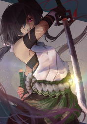 Rule 34 | 1girl, black hair, fate/grand order, fate (series), fingerless gloves, gloves, highres, japanese clothes, katana, low twintails, miko, mochizuki chiyome (fate), one eye covered, reverse grip, rope, shimenawa, slit pupils, sword, twintails, weapon, yuurei447