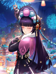 Rule 34 | 1girl, arm up, blunt bangs, blurry, blurry background, bonnet, capelet, closed eyes, closed mouth, facing viewer, fireworks, fur-trimmed capelet, fur trim, genshin impact, highres, long hair, long sleeves, pink capelet, purple hair, sky wbo, solo, upper body, yun jin (genshin impact)