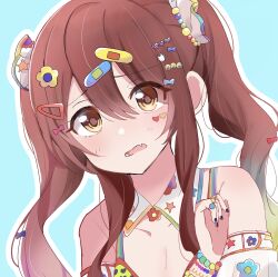 Rule 34 | 1girl, bandaid, bandaid hair ornament, blue background, blue bow, blue flower, blue nails, bow, bracelet, brown hair, close-up, emoji, fang, floral print, flower, hair between eyes, hair bow, hair flower, hair ornament, heart, heart hair ornament, heart print, highres, idolmaster, idolmaster shiny colors, jewelry, light blush, long hair, looking at viewer, open mouth, orange eyes, osaki tenka, outline, pink bow, red flower, ring, solo, star (symbol), star print, white outline, xhfn4743