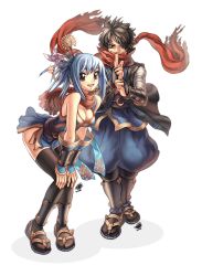 Rule 34 | 1boy, 1girl, arched back, bare shoulders, black hair, black thighhighs, blue hair, boots, breasts, brown eyes, cleavage, fingerless gloves, full body, gloves, hair ornament, knee boots, large breasts, leaning forward, myung-jin lee, ninja, ninja (ragnarok online), official art, open mouth, pinwheel, ponytail, ragnarok online, sandals, scarf, short hair, simple background, smile, standing, thighhighs, zouri