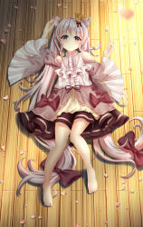 Rule 34 | 1boy, absurdres, animal ear fluff, animal ears, arm up, auiy, barefoot, blush, bow, cherry blossoms, collared dress, dress, dress bow, full body, hair between eyes, hair bow, hair ornament, highres, long hair, low-tied long hair, lying, nanaha rui, on back, red eyes, trap, twintails, very long hair, virtual youtuber, wactor production, wide sleeves, wooden floor