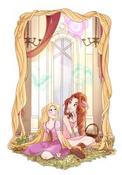 Rule 34 | 2girls, absurdly long hair, absurdres, aerith gainsborough, bangle, blonde hair, boots, bracelet, brown hair, chandelier, commentary, commission, crossover, disney, dress, english commentary, final fantasy, final fantasy vii, flower, flower basket, grass, green eyes, hanging, highres, jewelry, kingdom hearts, lifestream, long hair, mandy moore, meteor, multiple girls, neck ribbon, painting (object), pascal (tangled), ponytail, rapunzel (disney), ribbon, voice actor connection, signature, skirtzzz, tangled, trait connection, very long hair