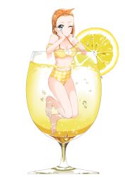 Rule 34 | 1girl, :o, arch lapin, armband, barefoot, bikini, blush, breasts, brown hair, checkered bikini, checkered clothes, cleavage, commentary, condensation, cup, drinking glass, elbow rest, english commentary, food, fruit, full body, green eyes, hair pulled back, hairband, head rest, highres, lemon, lemon slice, looking at viewer, medium breasts, meitantei conan, mini person, minigirl, navel, one eye closed, orange hairband, parted lips, simple background, solo, submerged, suzuki sonoko, swimsuit, water, wet, white background, wine glass, yellow bikini
